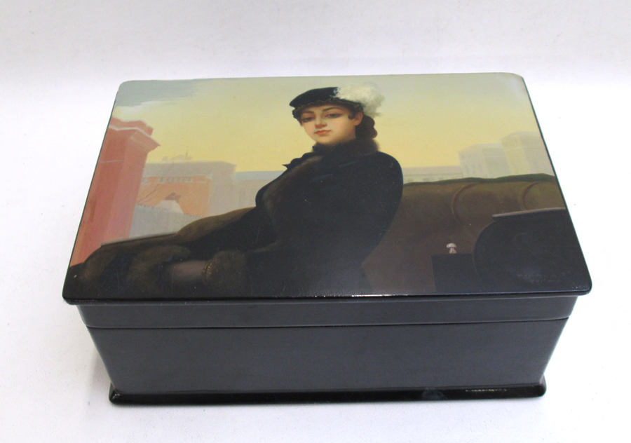 Appraisal: RUSSIAN LACQUERED AND HAND PAINTED BOX of rectangular form box