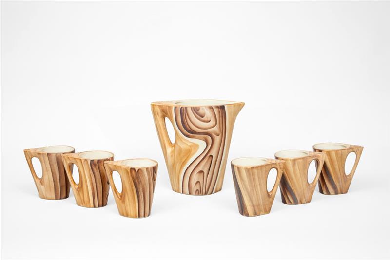 Appraisal: GRANDJEAN JOURDAN VALLAURIS PITCHER AND SIX MUGS 's Faux bois