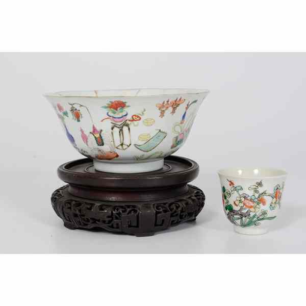 Appraisal: Chinese Porcelain Bowl and Cup Chinese A polychrome porcelain bowl