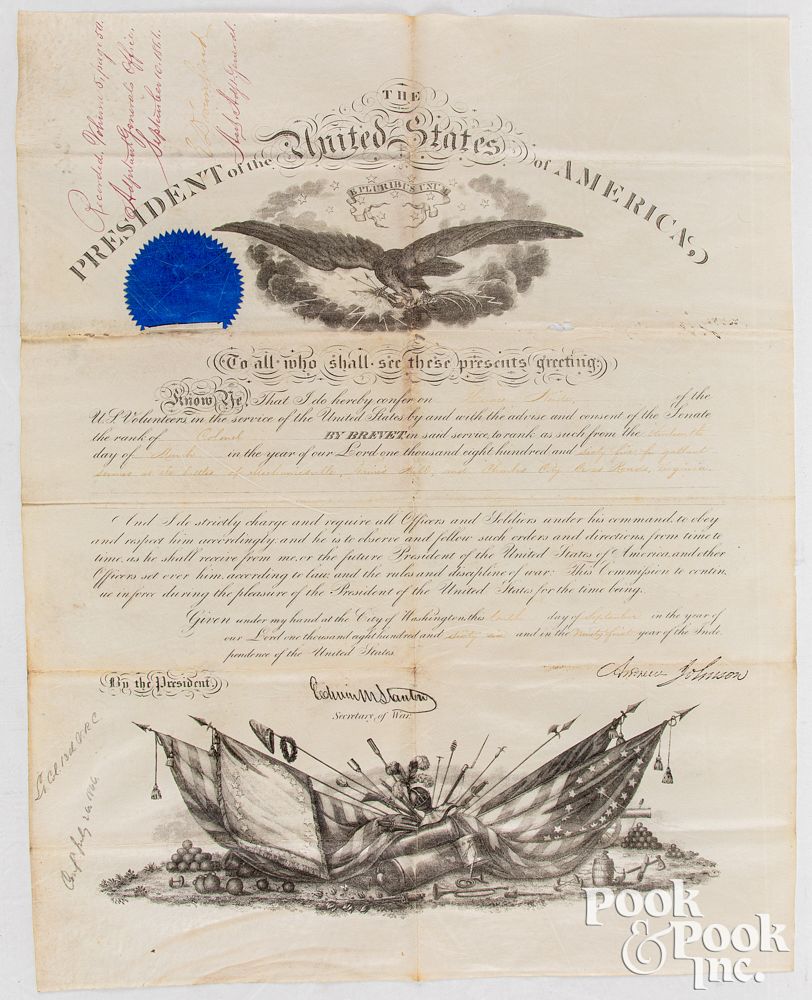 Appraisal: Signed A Johnson Presidential military promotion Signed Andrew Johnson Presidential