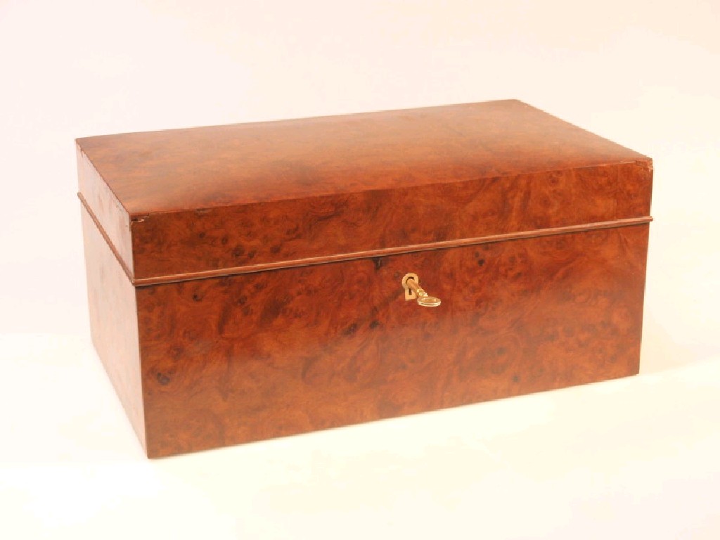 Appraisal: A burr walnut cigar humidor with key cm wide