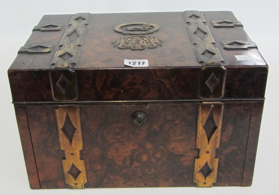 Appraisal: A Victorian brass bound figured walnut strong box with drop