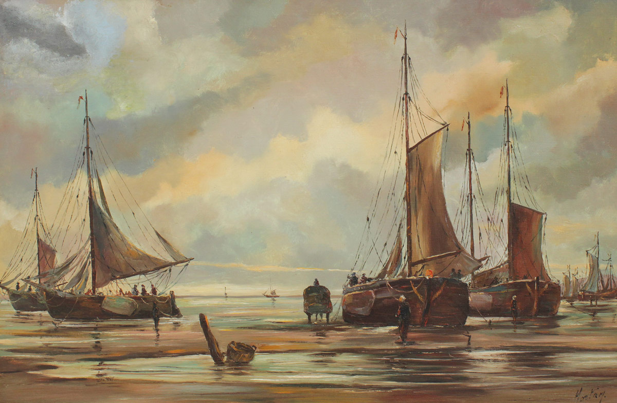 Appraisal: LARGE ILLEGIBLY SIGNED DUTCH COASTAL PAINTING Oil Canvas '' x