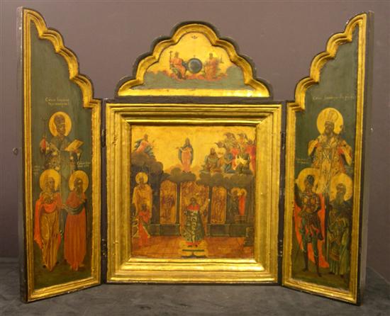 Appraisal: Russian triptych eighteenth century oil on wood panel with gilt