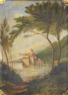 Appraisal: Continental School th Century Figures by a lake a castle