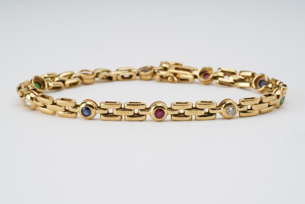 Appraisal: KARAT YELLOW GOLD MULTI-GEM BRACELETcontaining three round rubies weighing approximately