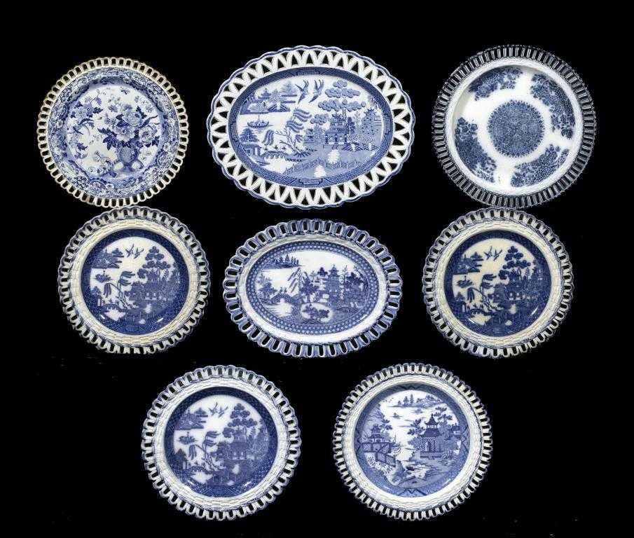 Appraisal: THREE AND A SET OF THREE BLUE PRINTED EARTHENWARE PLATES