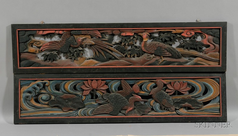 Appraisal: Pair of Painted Carved Wooden Panels Japan th century carving