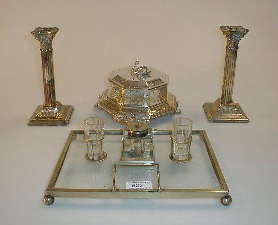 Appraisal: A glass and electroplate desk stand a pair of plated