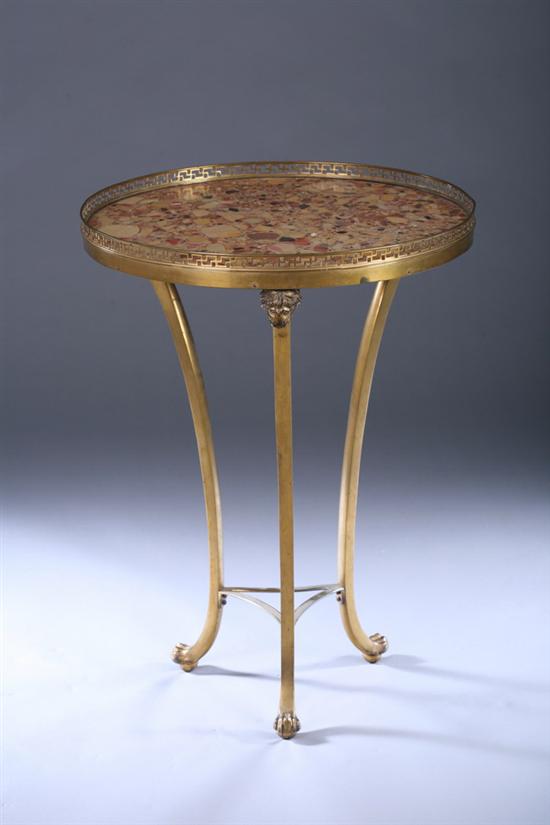 Appraisal: CONTINENTAL MARBLE-TOP GUERIDON TABLE Late th century Open-work gilt-metal gallery