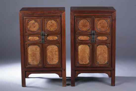 Appraisal: PAIR CHINESE BURL AND ELMWOOD CABINETS th century The rectangular