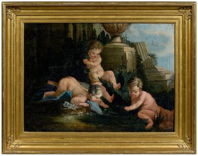 Appraisal: th century painting three putti playing at a pool of