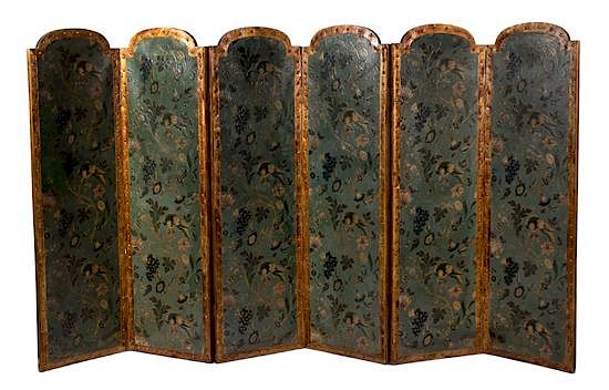 Appraisal: A Continental Embossed and Polychromed Leather Six-Fold Floor Screen A