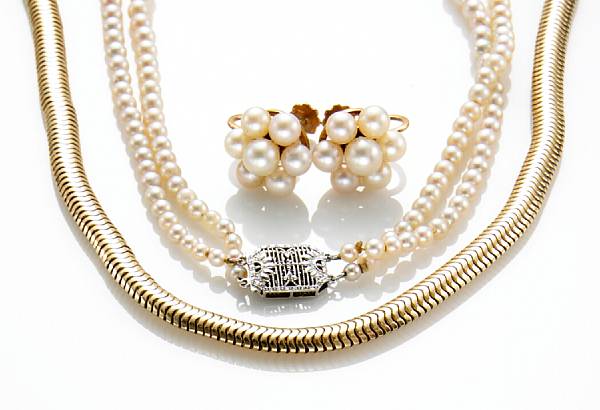 Appraisal: A collection of cultured pearl and k white gold jewelry