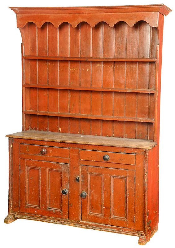 Appraisal: Red Painted Country Pine Pewter Cupboard British th th century