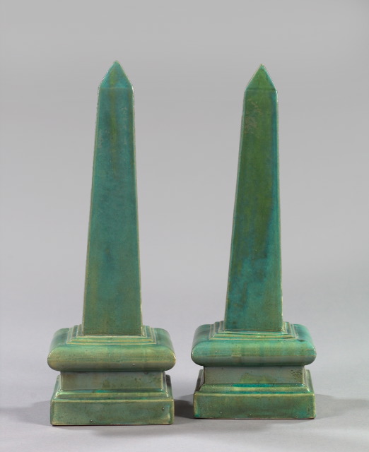 Appraisal: Pair of Italian Moss-Green-Lustered Majolica Obelisks each on an integral