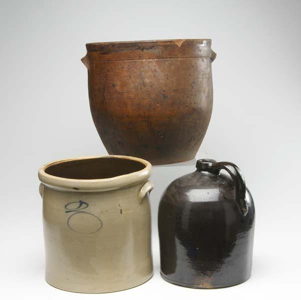 Appraisal: STONEWARE Three pieces including a redware jardiniere saltglazed crock with