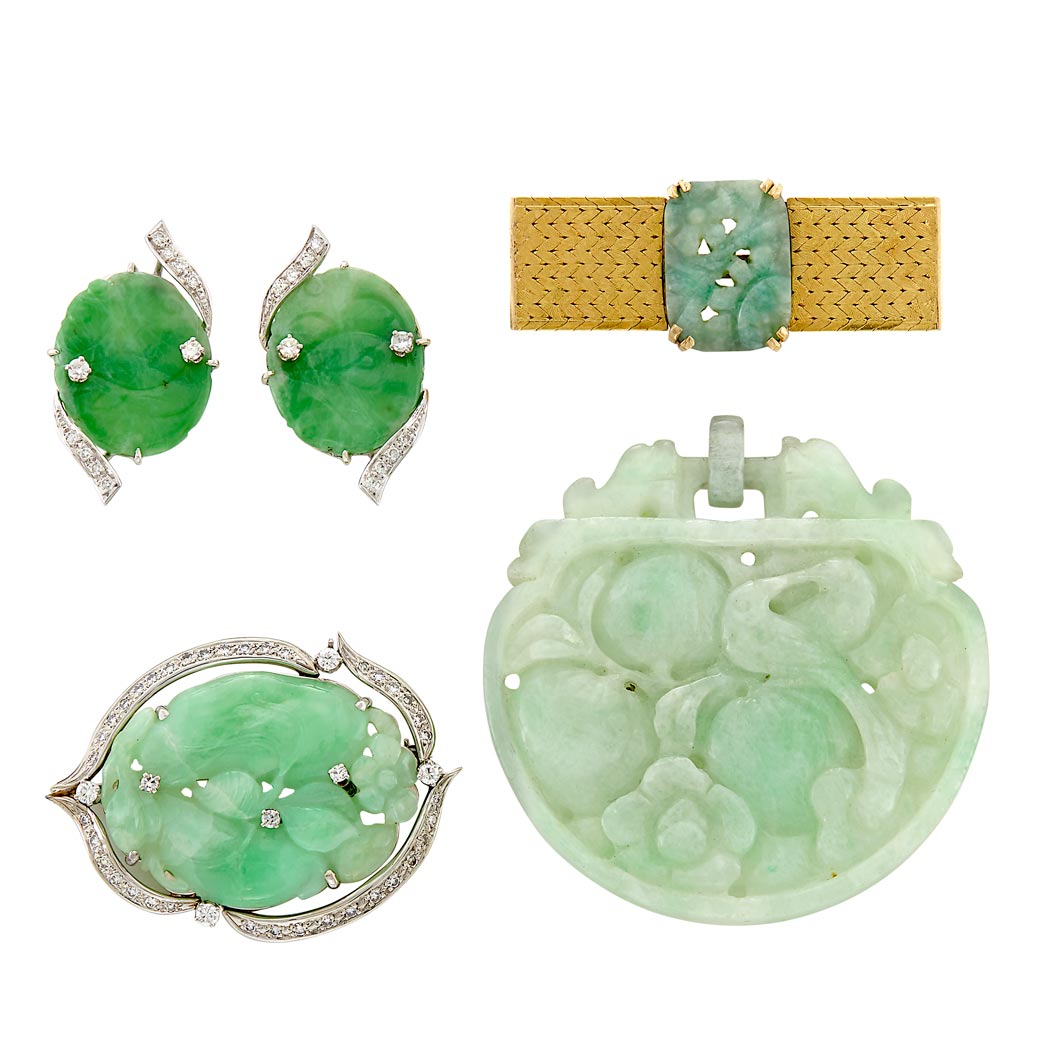 Appraisal: Group of White and Yellow Gold Carved Jade and Diamond