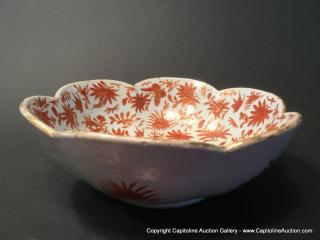 Appraisal: ANTIQUE Chinese Orange Sacred Birds Scalloped Bowl Ca ANTIQUE Chinese