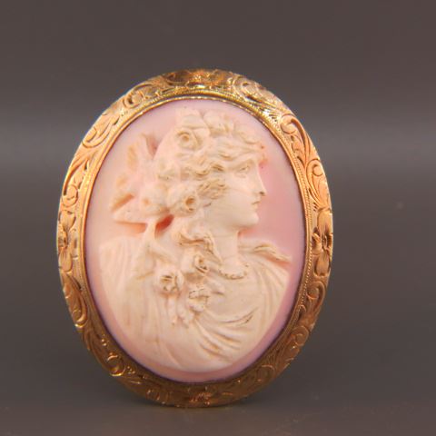 Appraisal: Cameo Brooch deep carved angel skin coral portrait of a