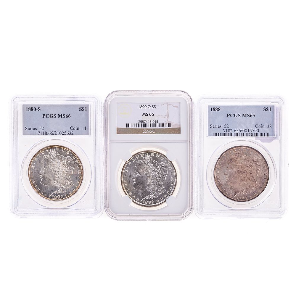 Appraisal: Trio of Gem Graded Morgan Dollars -S PCGS MS beautiful