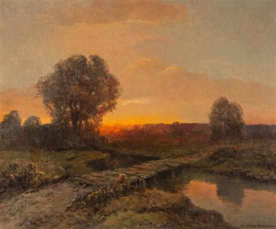 Appraisal: Wiktor Korecki Polish - Sunset Landscape with Bridge and Stream