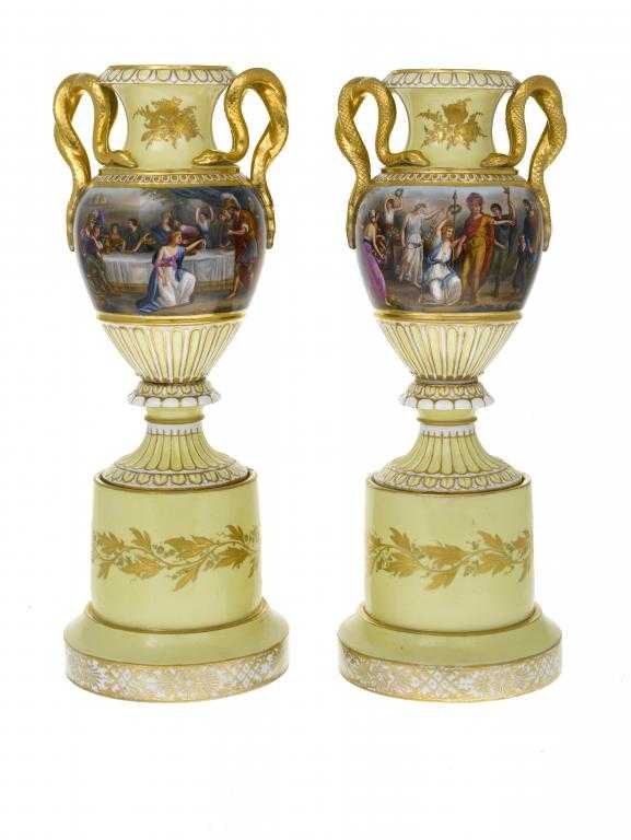 Appraisal: A PAIR OF VIENNA STYLE YELLOW GROUND VASES with entwined