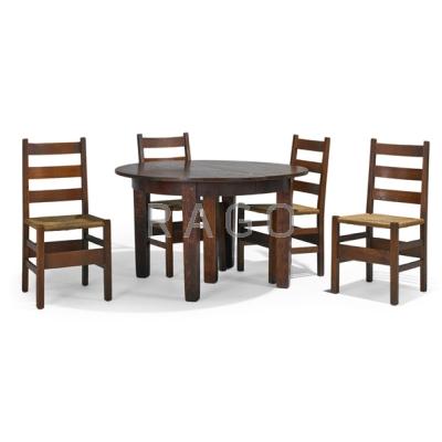 Appraisal: GUSTAV STICKLEY Dining set five-legged table and four ladderback chairs