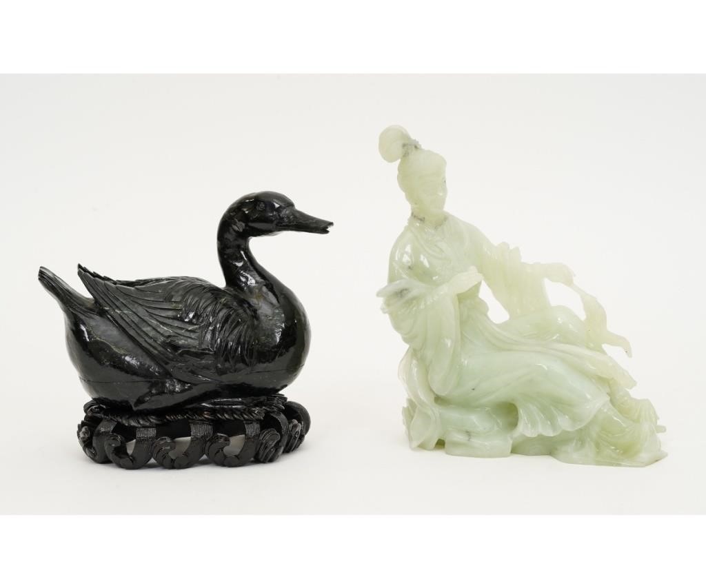 Appraisal: Two carved Chinese figures a black jade duck on stand