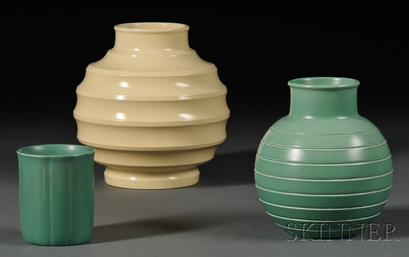 Appraisal: Three Wedgwood Keith Murray Design Vases England c a green-glazed