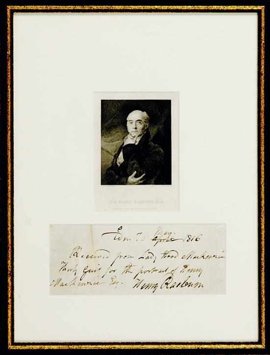 Appraisal: Sir Henry Raeburn signed letter dated May detailing payment for