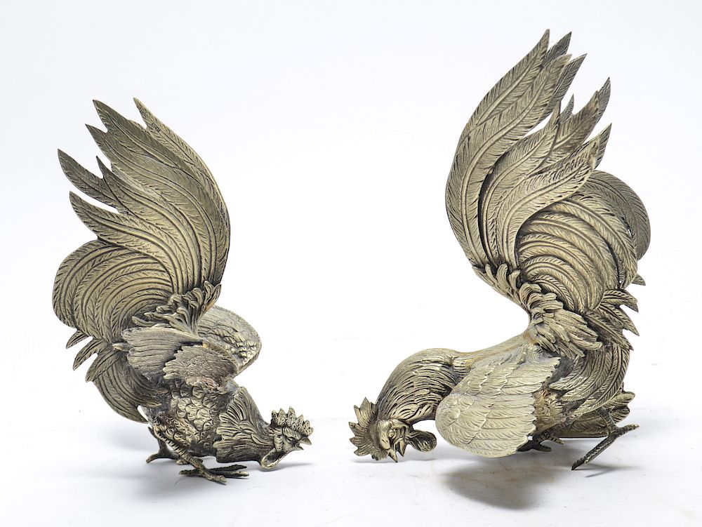 Appraisal: Silver-Plate Fighting Roosters Sculptures Pair Pair of silver-plate fighting roosters