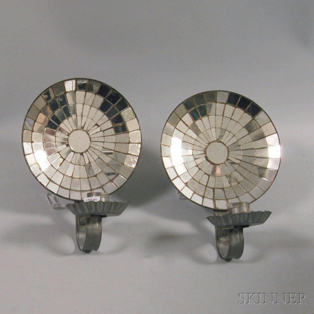 Appraisal: Pair of Tin Mirrored Wall Sconces th th century ht