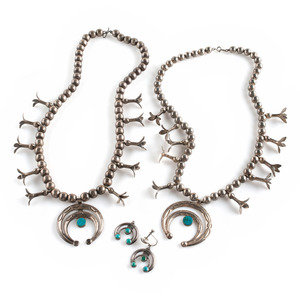 Appraisal: Pair of Petite Navajo Silver and Turquoise Squash Blossom Necklaces