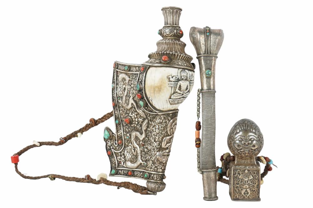 Appraisal: TIBETAN DECORATED IMPLEMENTScomprising three jeweled implements Condition slight loss and