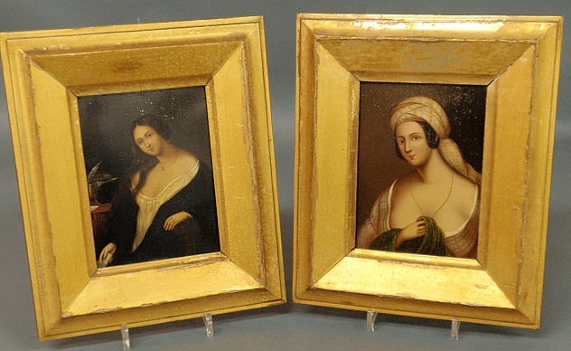 Appraisal: Two oil on tin portraits of young women th c