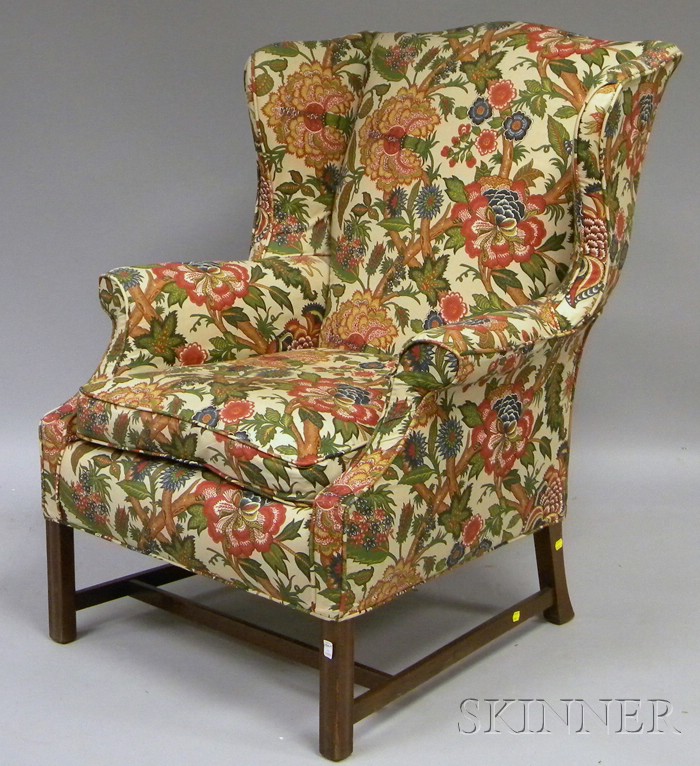 Appraisal: Chippendale-style Floral Chintz Upholstered Mahogany Wing Chair