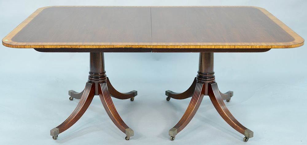 Appraisal: Custom mahogany dining table with banded inlaid top and double