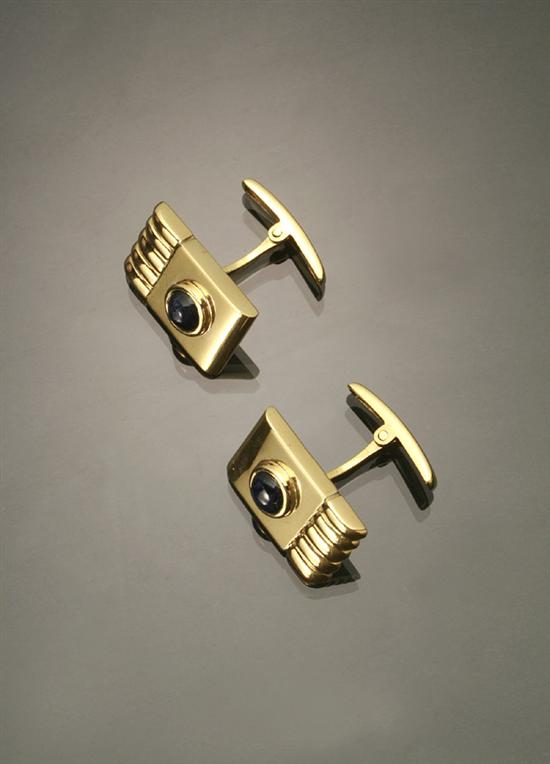 Appraisal: Pair of -Karat Yellow-Gold and Blue Sapphire Cuff Links Each