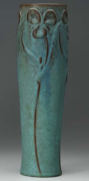 Appraisal: VAN BRIGGLE Tall early vase with heavily embossed trefoils the