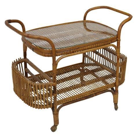 Appraisal: Vintage bamboo and rattan service bar cart late th c