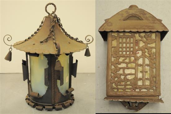 Appraisal: Lighting one hanging pagoda shaped metal light with metal cone