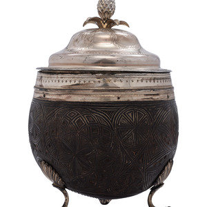 Appraisal: An English Silverplate-Mounted Carved Coconut with Lid th Century with