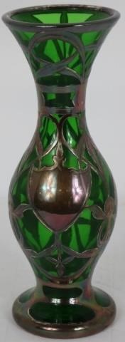 Appraisal: BLOWN GREEN GLASS VASE WITH HEAVY STERLINGSILVER OVERLAY CA POLISHED