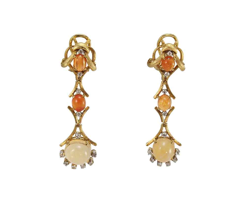 Appraisal: K DIAMOND AND MEXICAN ORANGE OPAL EARRINGS K yellow gold