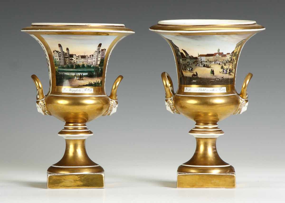 Appraisal: Pair of Old Paris Mantle Vases w Street Scenes C