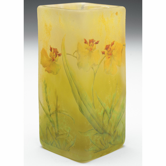 Appraisal: Daum Nancy vase rectangular form with cut and enameled yellow