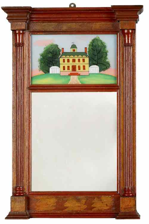 Appraisal: Sheraton painted pine mirror th c with two eglomise painted