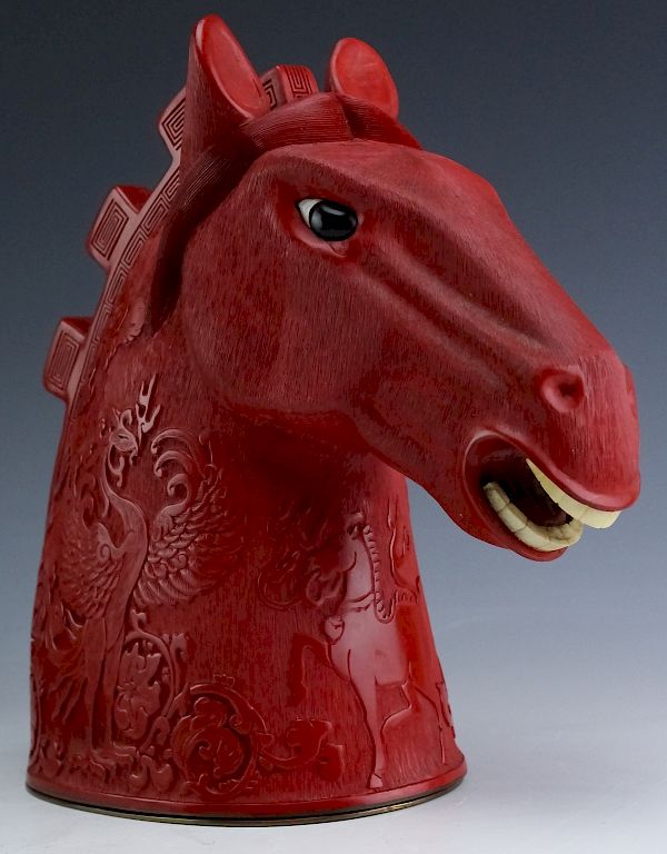 Appraisal: Chinese Export Cinnabar Lacquer Horse Head Box Vintage Chinese export