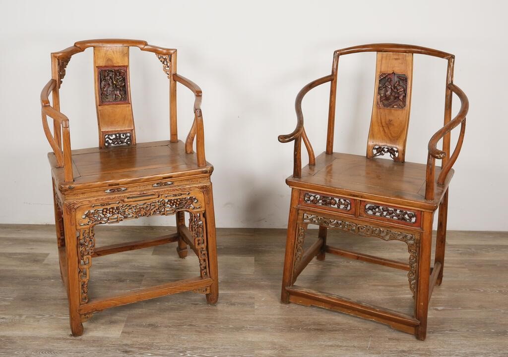 Appraisal: Two Chinese Ming Style carved horseshoe chairs Chinese Mid to